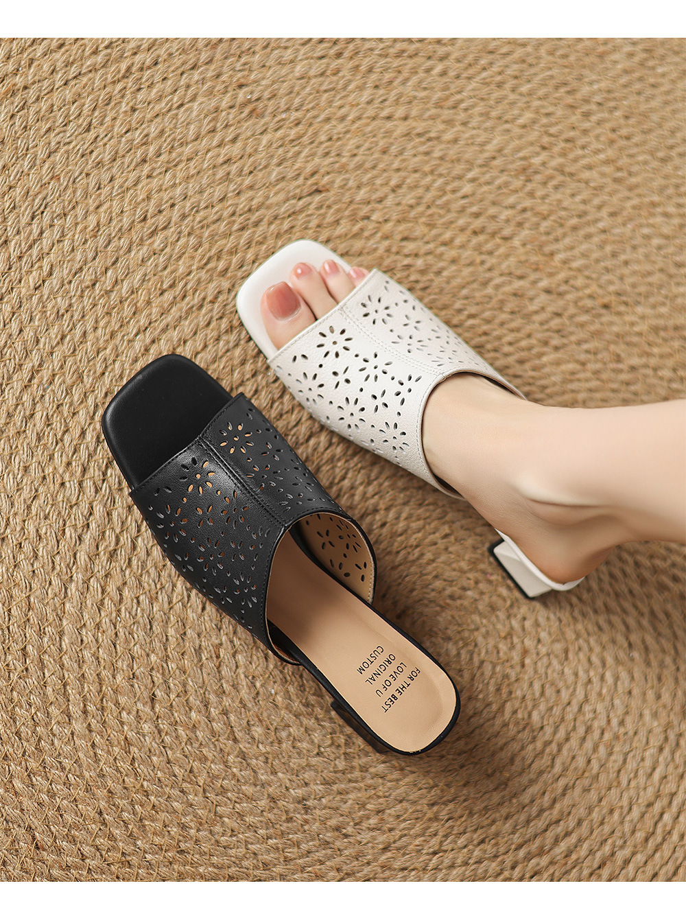 Sandal cao gót nữ hở mũi quai ngang da bò đục lỗ, gót 5 cm — đen chi tiết 1