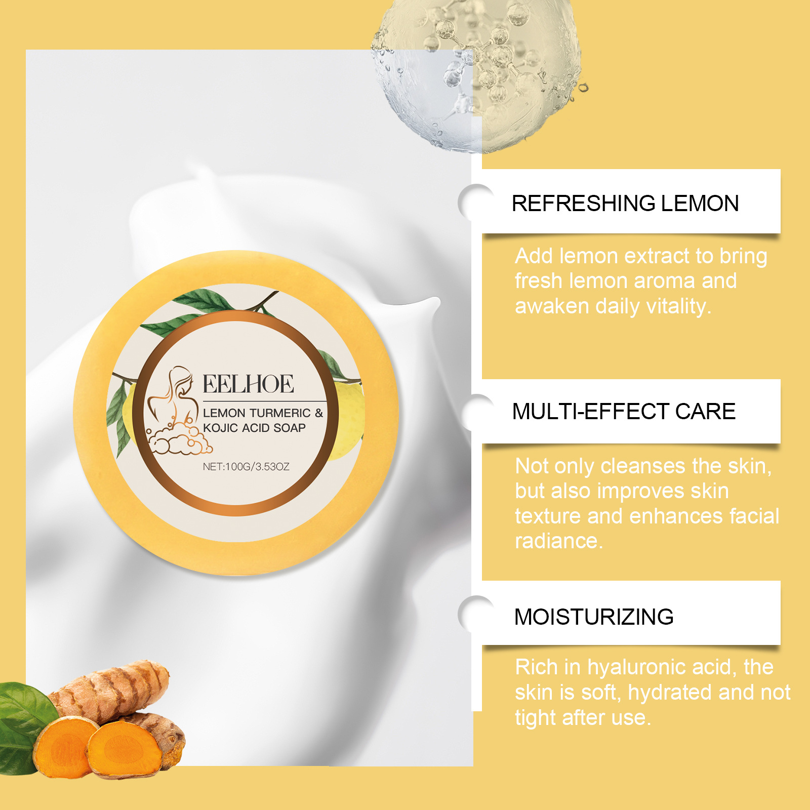 Sapun s limunskom kurkumom i kojičnom kiselinom, čišćenje pora, vlaženje i omekšavanje kože Okrugli sapun za čišćenje_voghion.com