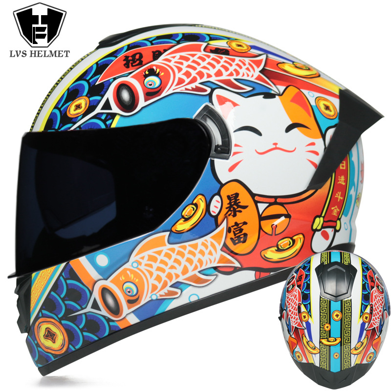 Coche eléctrico con casco completo, casco completo de otoño e invierno, coche eléctrico de carreras de imitación, coche eléctrico masculino, caballero, doble lente, cola larga