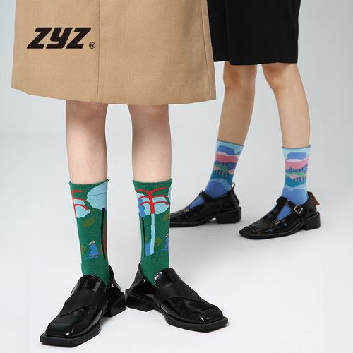 ZYZ original design women's socks cute cartoon landscape illustration printed mid-calf socks 5 pairs boxed Xinjiang cotton socks for women