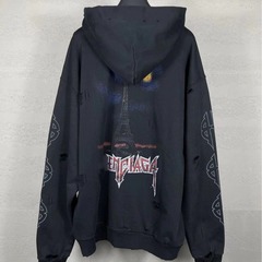 巴黎高版本24新款B家铁塔涂鸦磨破重磅洗水做旧拉链开衫外套卫衣