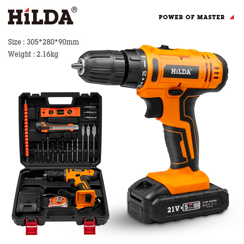 Taladro eléctrico recargable de litio Hilda para uso doméstico, herramientas eléctricas en stock, taladro manual, destornillador eléctrico