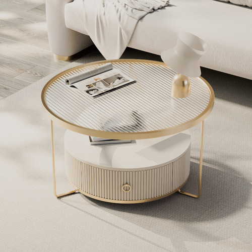 Cream style slate round tempered glass coffee house for living room simple design small apartment with storage space