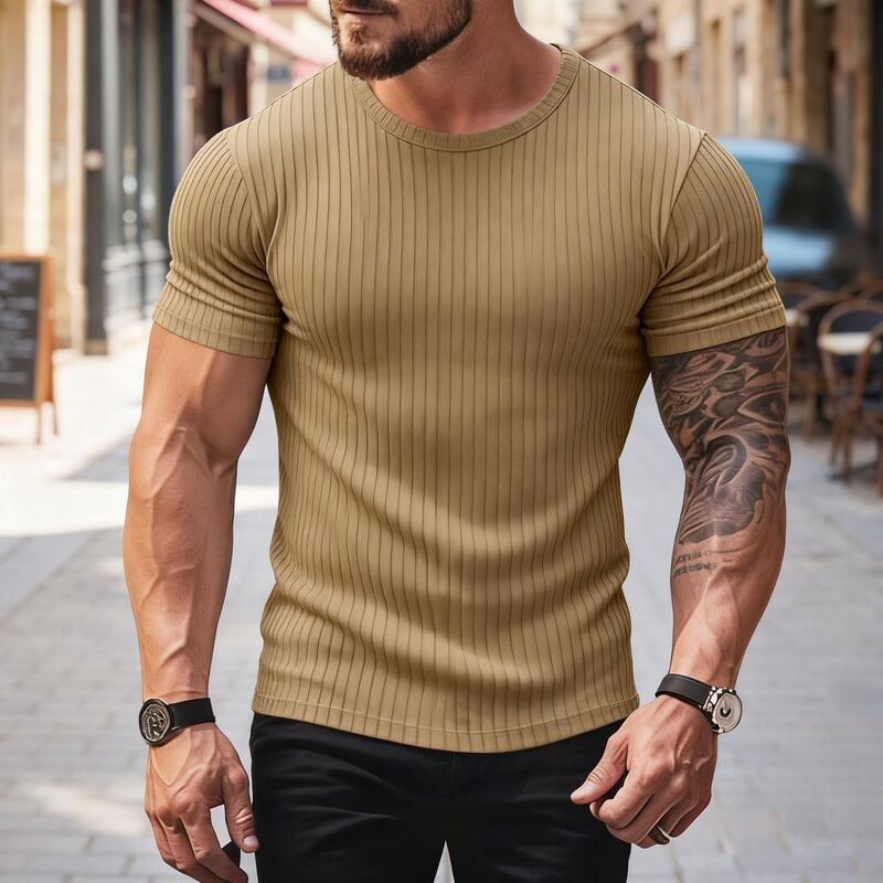 Amazon Cross-Border Foreign Trade Wish Men's Summer Sports Fitness Casual Round Neck Elastic Vertical Stripe Round Neck Short-Sleeved T-Shirt Amazon Cross-Border Foreign Trade Wish Men's Summer Sports Fitness Casual Round Neck Elastic Vertical Stripe Round Neck Short-Sleeved T-Shirt