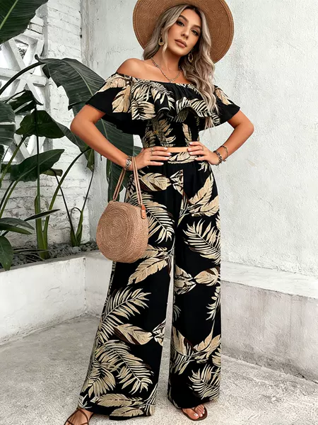Plant Print One-Shoulder European-Style Set with Ruffle Sleeves Top and Wide-Leg Pants Two-Piece Set, Sweet and Fresh Foreign Trade Women's Clothing