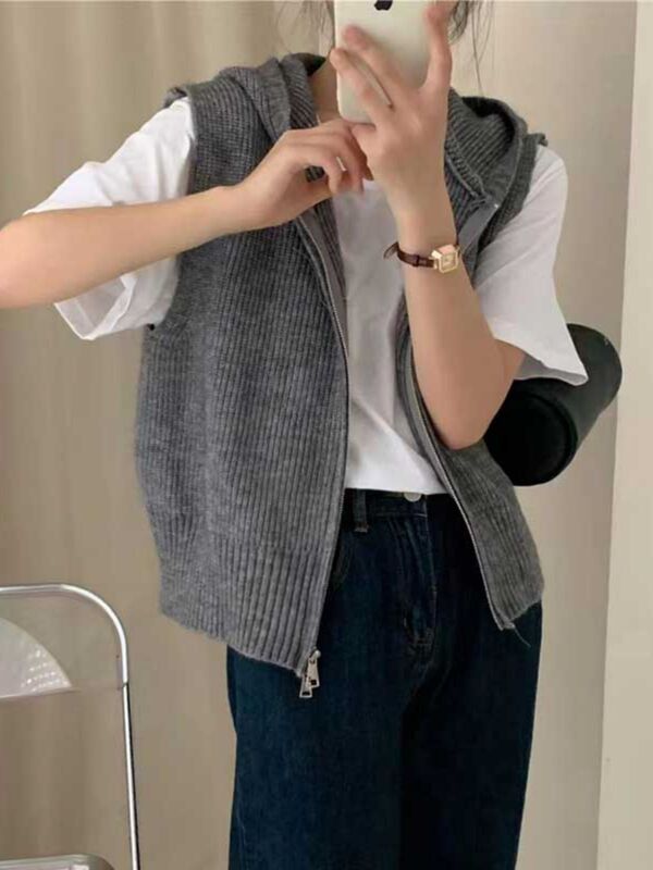 针织开衫马甲女2025早秋季新款宽松无袖休闲百搭拉链连帽毛衣外套|undefined
