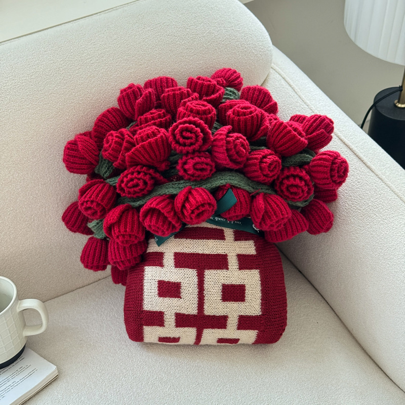 成品玫瑰花束毯子订婚结婚囍字针织毛毯午睡毯披肩盖毯婚庆鲜花毯|undefined