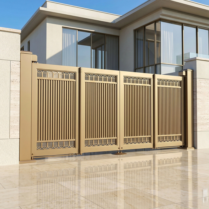 Suspended All-Aluminum Villa Door in Champagne Gold with European-Style Arched Pattern, Rust-Proof, Smart Electric Aluminum Alloy Folding Door