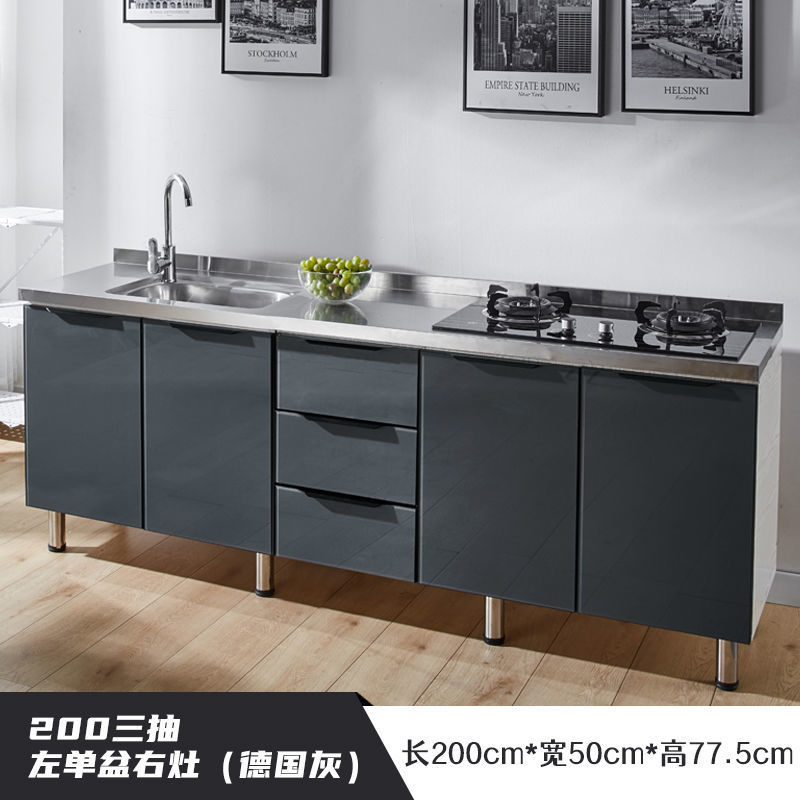 2 meters, three drawers, right stove, left single basin