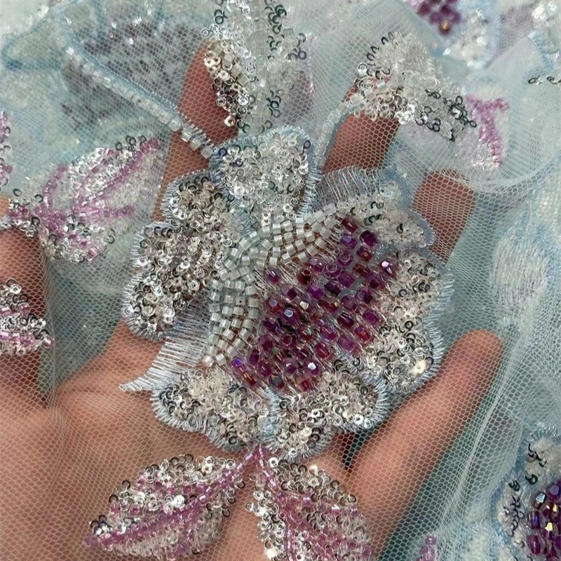 Industria pesada lujosa lenteja tubo de perlas tela bordada de encaje comercio exterior transfronterizo vestido de boda francés vestido de moda tela de falda
