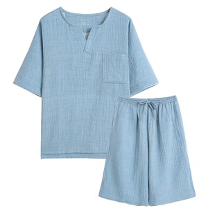 Japanese Style Muji Style Pure Cotton Double-layer Yarn Pajamas Men's Pure Cotton Short-sleeved Pajamas Summer Wrinkled Yarn Shorts Home Clothes