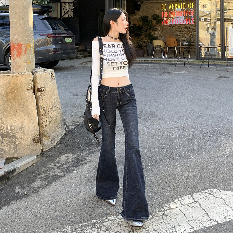 아메리칸 스타일 매운 청바지 여성의 가을 2024 새로운 낮은 허리 좁은 슬림 핏 슬림 올 매치 매운 바지