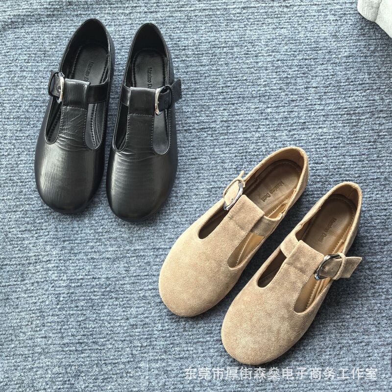 Original Foreign Trade Women's Shoes, Casual and Versatile Genuine Leather Flats Mary Jane Shoes, Comfortable Round Toe Soft Sole Buckle Strap Loafers