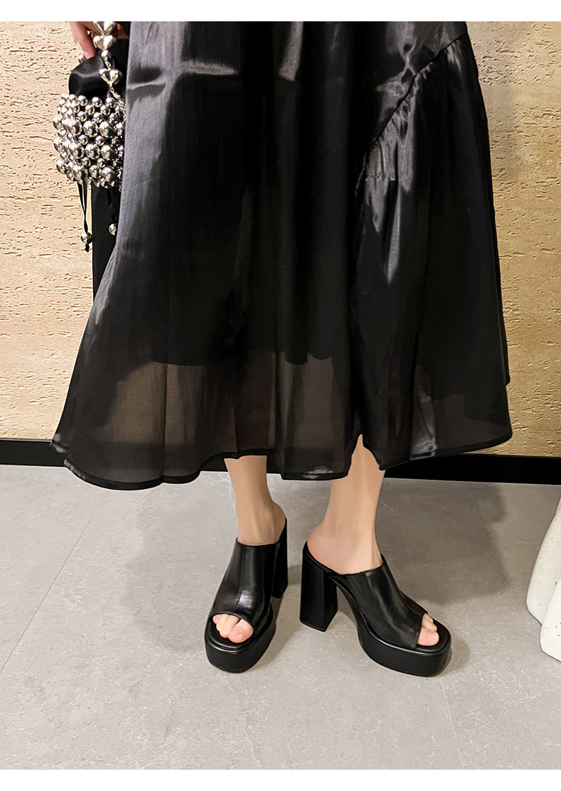 Sandal cao gót nữ mũi hở đế platform da bò thật gót siêu cao 12 cm — màu đen, màu trắng ngà chi tiết 2