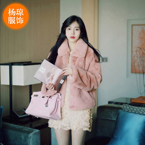 New spring and autumn Korean women's clothes in stock square collar fur Haining mink coat short imitation fur coat for women