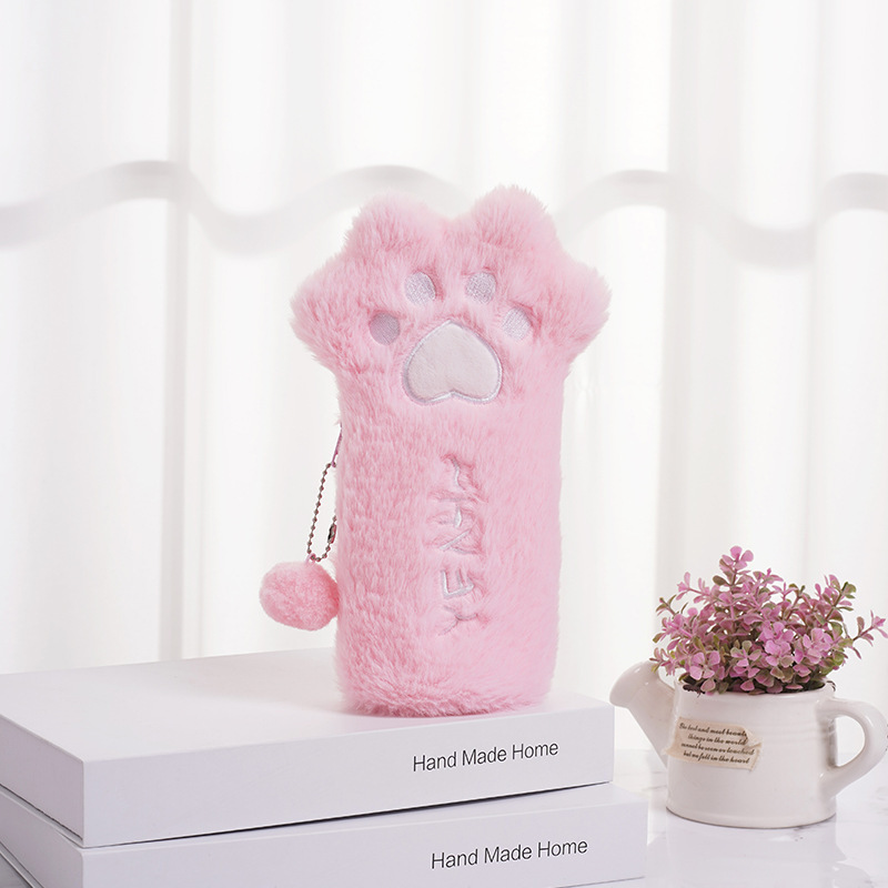 Bolsa de lápices de felpa linda de dibujos animados, garra de gato, bolsa de almacenamiento simple de gran capacidad, bolsa de papelería multifuncional para estudiantes de niña