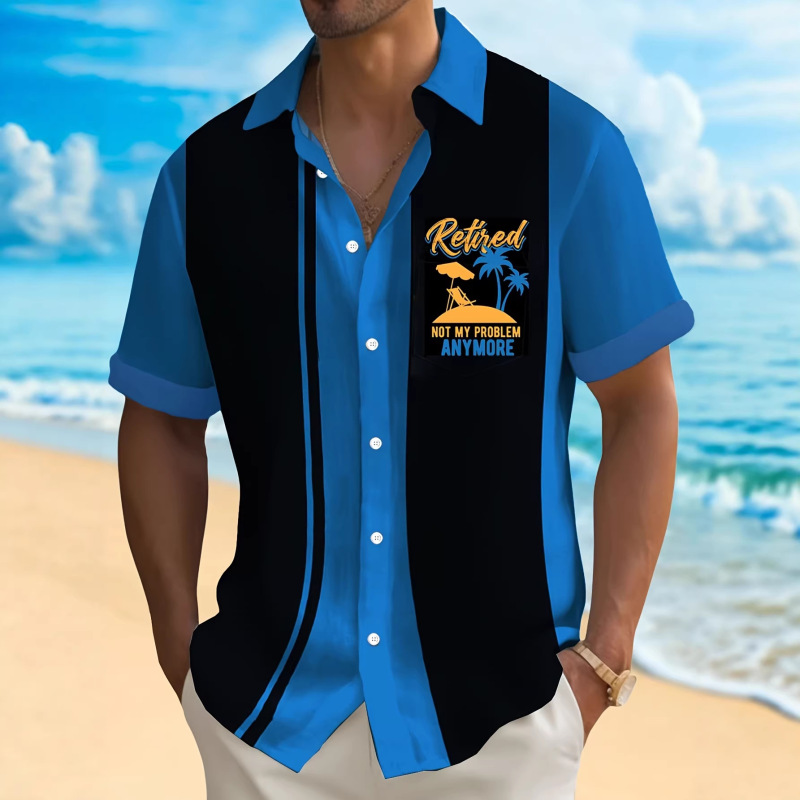 Blue and Black Color-Blocked Bowling Short-Sleeve Shirt, Summer Turn-Down Collar Retro Casual Men's Shirt