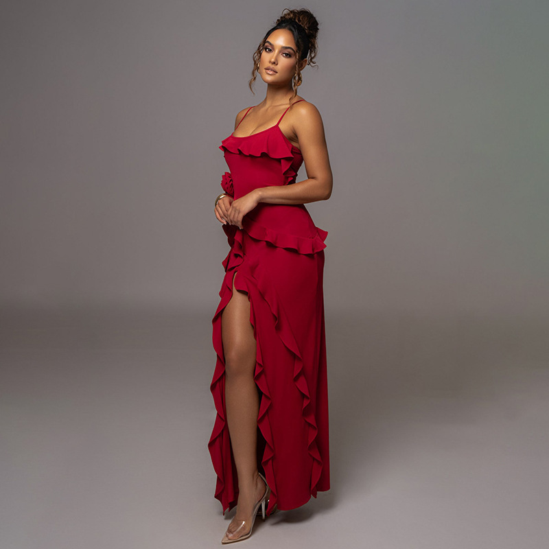 Women's Clothing new sexy fashion solid color backless slit splicing suspender long skirt_senzul.com