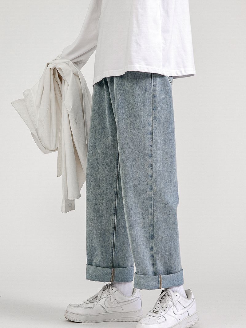 Vaqueros de pierna recta para hombre, vaqueros lavados desgastados retro de marca de moda para hombre, vaqueros americanos sueltos y versátiles hasta el suelo