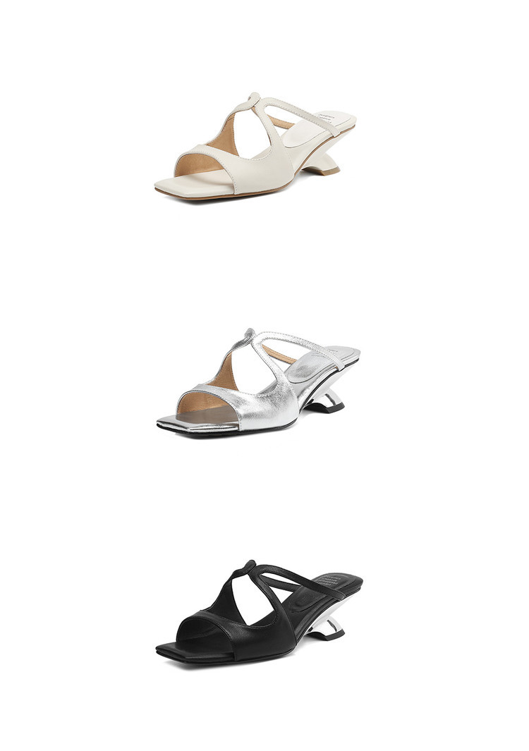 Sandal nữ da bò mũi vuông hở ngón gót lạ mắt — màu đen, màu trắng ngà, bạc chi tiết 29