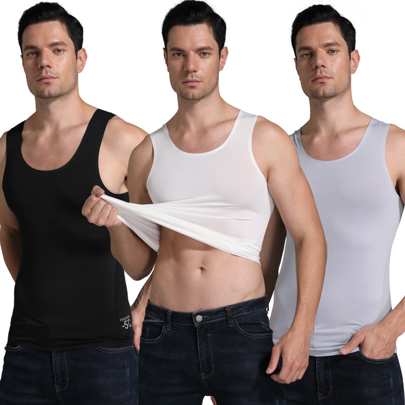Men's summer silk solid sports base breathable vest with a round…