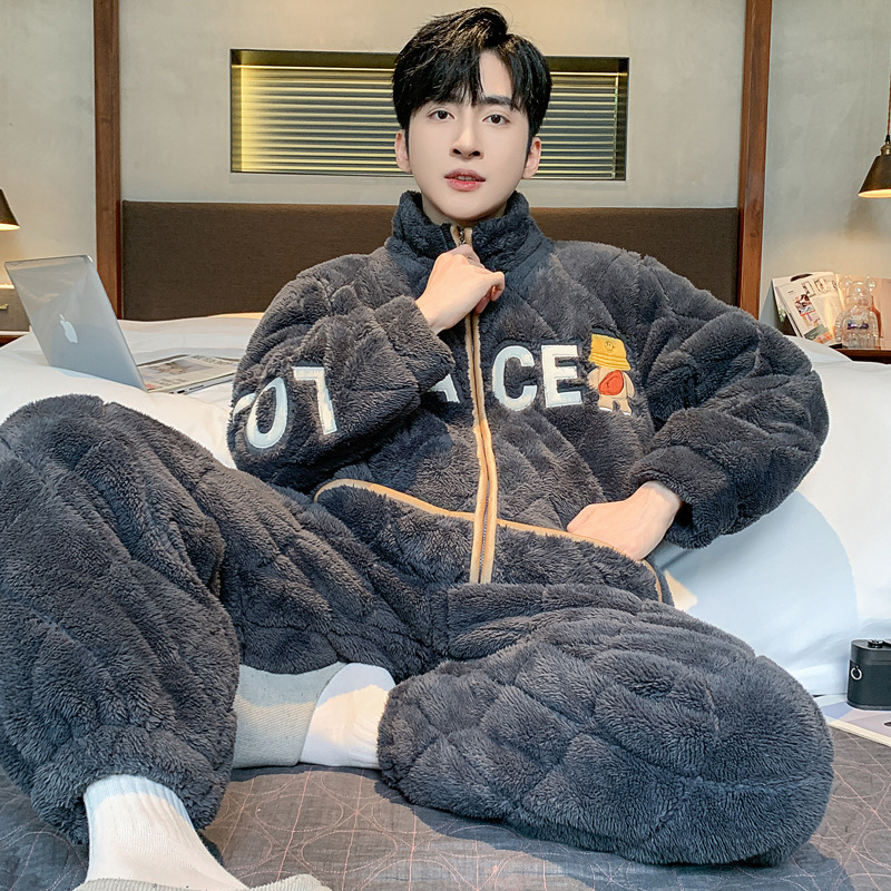 2025 New Pajamas Winter Men's Three-Layer Coral Velvet Quilted Fleece-Lined Thickeneded Suit Cartoon Men's Home Clothes