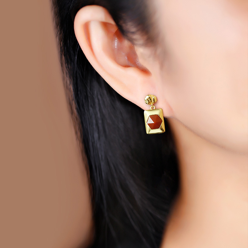 (2개) HUIBAOLI S  골드 도금 사우스 레드 마노 다이아몬드 페이스 커팅 로즈 플라워 버드 기질 고급 귀걸이