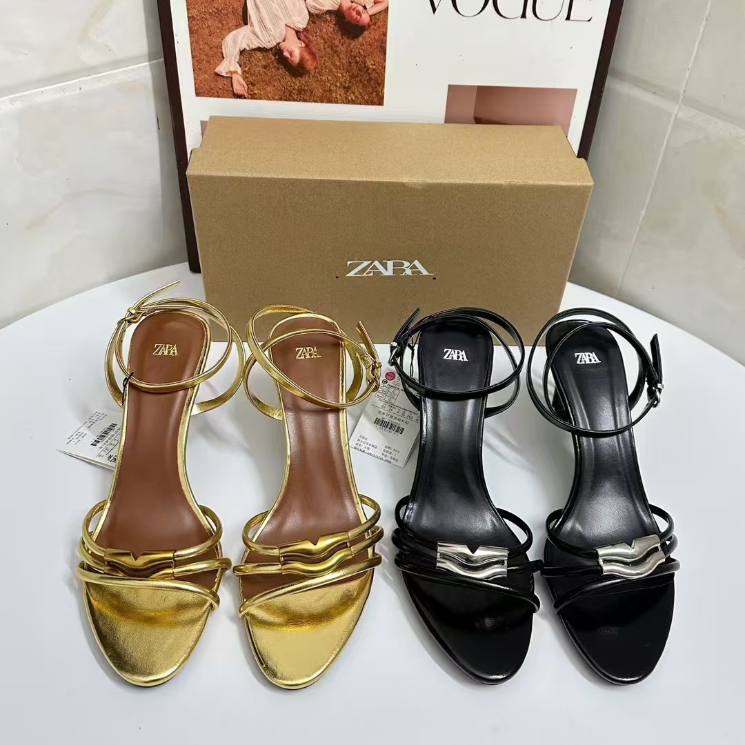ZA Women's Shoes 2024 Summer New Women's Shoes High Heel Back Empty Open Toe Gold One-Shoe with Thin Heel Back Strap Women's Shoes