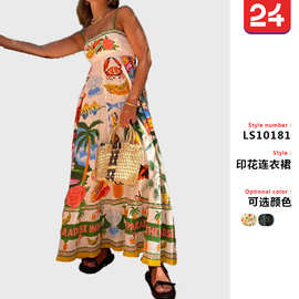 2024春装跨境独立站新款性感女装吊带涂鸦印花无袖大摆吊带连衣裙