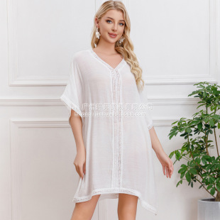 Factory wholesale foreign trade cross-border seaside sunscreen bikini blouse quick-drying European and American women's solid color V-neck beach skirt