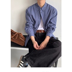 工厂 早秋设计感廓形翻领格子衬衫男慵懒休闲复古长袖衬衣小众潮