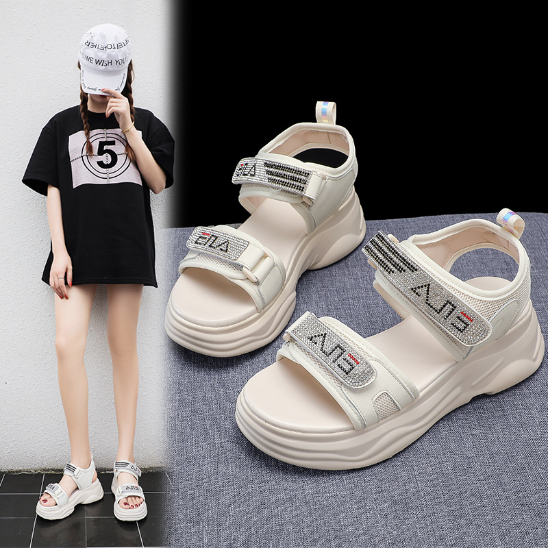 运动凉鞋女2021夏季新款水钻平底学生韩版厚底松糕网红休闲沙滩鞋|ms