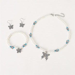 European and American Style Light Luxury Niche Design Butterfly Pearl Necklace Children's Women's Necklace Bracelet Earrings Set