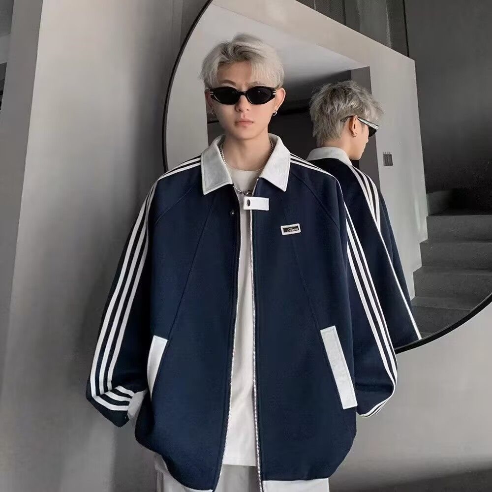 New Spring/Autumn Collared Jacket for Men and Women, American High Street Preppy Style Casual Loose Jacket Trendy Three-Bar Baseball Uniform