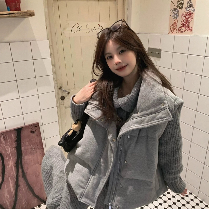 Autumn and winter Korean-style quilted vest for women, petite size, high-neck, loose-fitting, layered cotton vest, stylish outerwear Autumn and winter Korean-style quilted vest for women, petite size, high-neck, loose-fitting, layered cotton vest, stylish outerwear