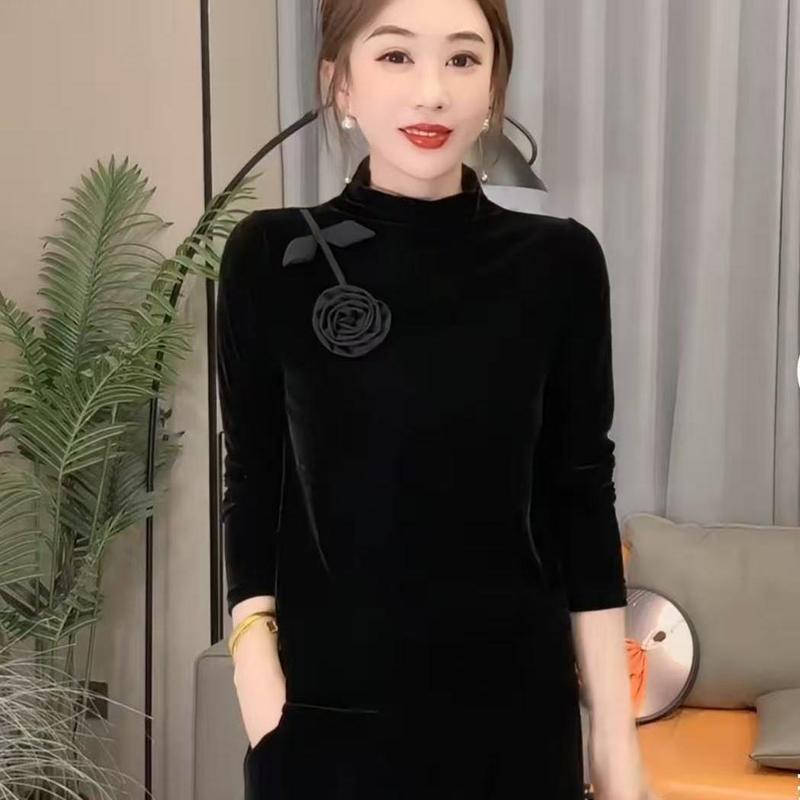 一件代发直播爆款2025秋季款百搭洋气一支花朵丝绒气质女人味上衣|undefined