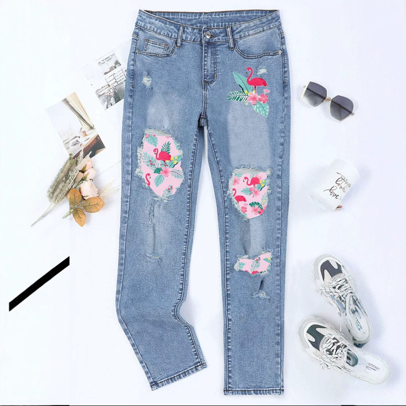 Temu European and American Cross-Border Amazon Independent Site Temu Flamingo Print Ripped Women's Jeans Cotton Temu European and American Cross-Border Amazon Independent Site Temu Flamingo Print Ripped Women's Jeans Cotton