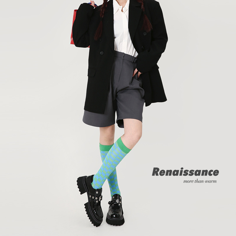 Renaissance Original Women's Socks Spring Contrast Color Checkerboard Medium Stockings Gift Boxy Brand Women's Cotton Socks - 2