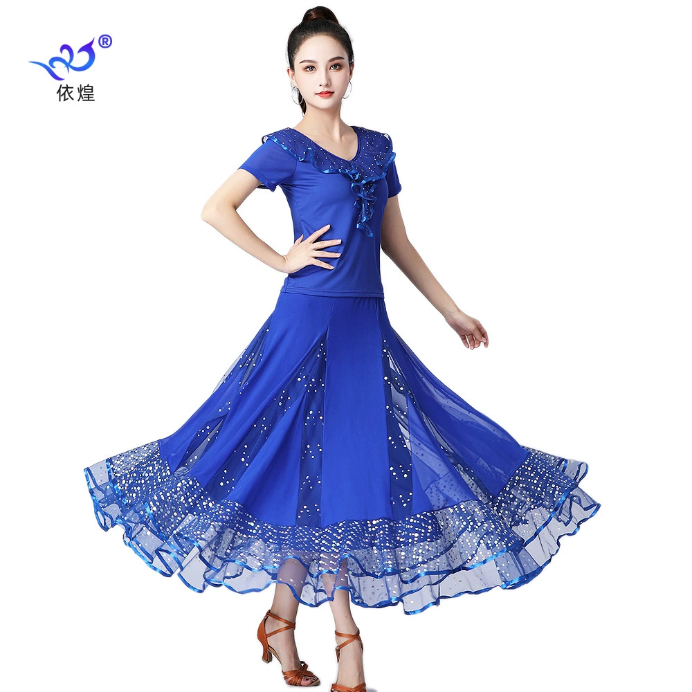 Новый стиль для бальных танцев с пайетками большое платье танцевальный костюм Квадратное танцевальное длинное платье с короткими рукавами костюм для танцевального конкурса