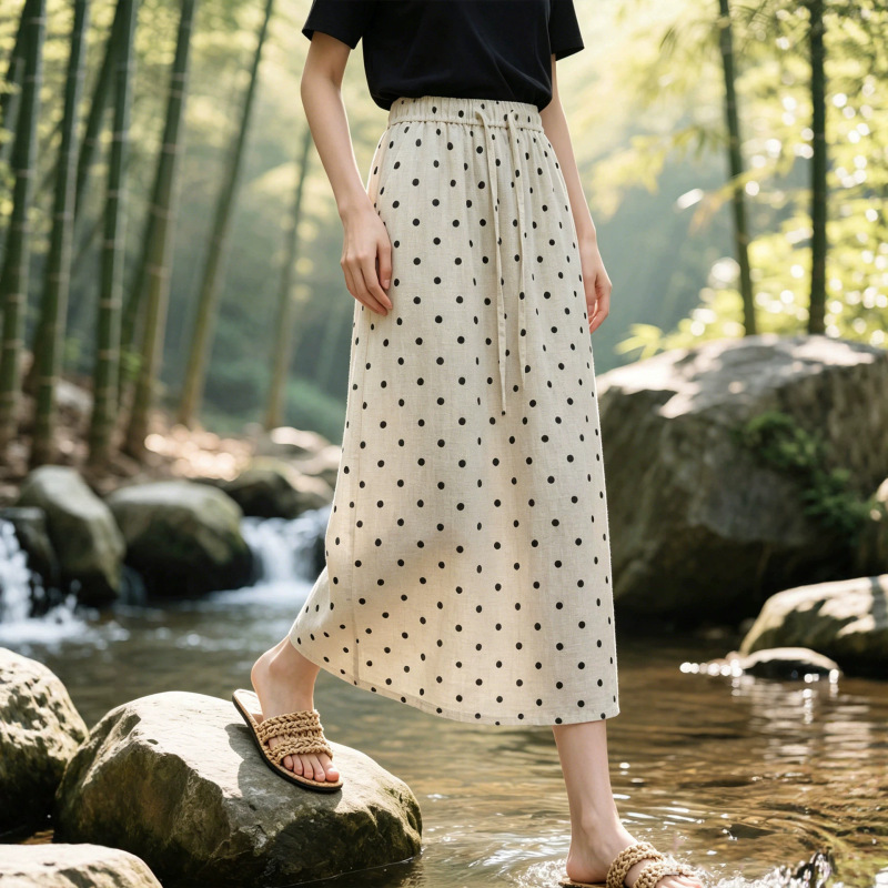 Tencel Cotton Linen Skirt for Women, Summer Thin Style, 2026 New Model, Very Beautiful Polka Dot Hip-Hugging Skirt, Mid-Length Linen A-Line Skirt
