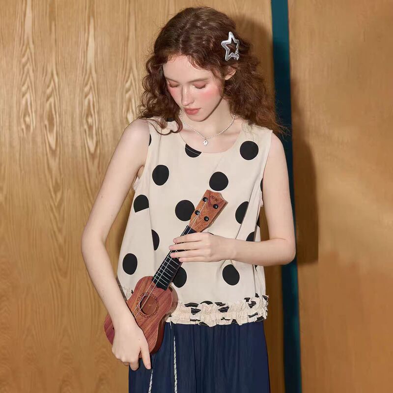 Kuen's Versatile Polka Dot Vest with Ruffled Hem and Sleeveless Design, 2026 Summer New Style Top for Women