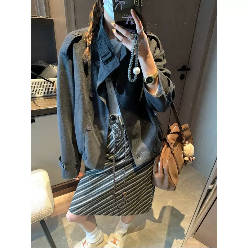 摩且 街头氛围感 美式复古立领双排扣宽松机车风短款外套 MQ0899