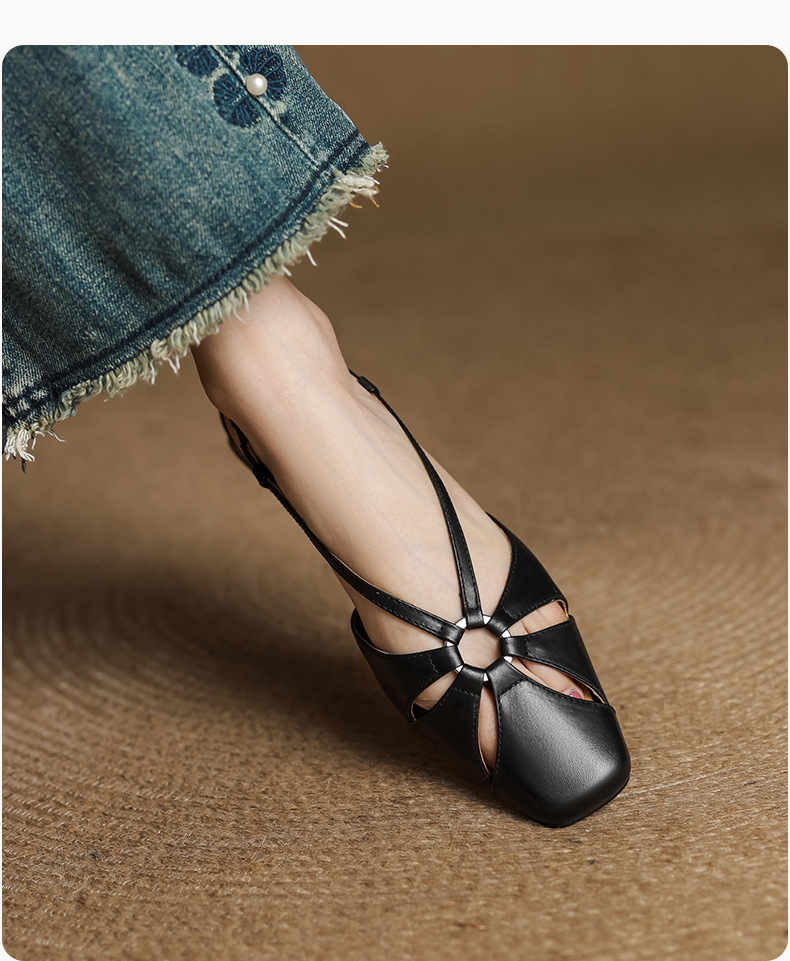 Sandal nữ quai ngang mũi nhọn phong cách vintage, gót thấp 3 cm — đen chi tiết 17