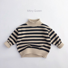 經典款～韓版童裝毛衣卷邊領設計中小童毛衣條紋套頭外套兒童毛衣