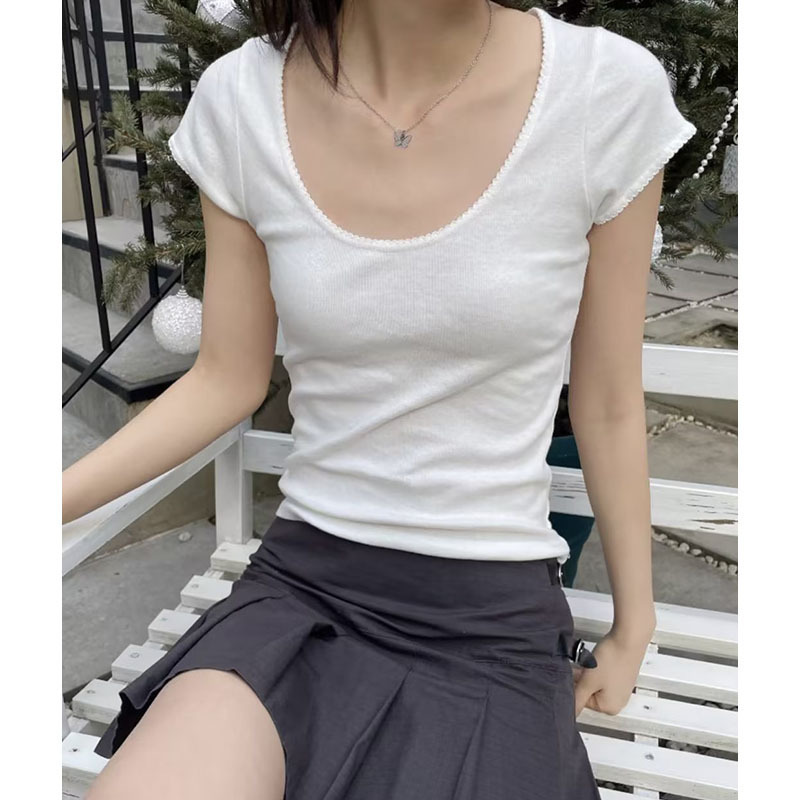 bm Style Brandy Same Style New American Retro Lace Round Neck Slim Fit Short-sleeved T-shirt bm Short Top for Women