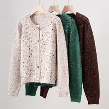 G25秋冬新款亮片花纱圆领针织长袖开衫休闲百搭外套毛衣女