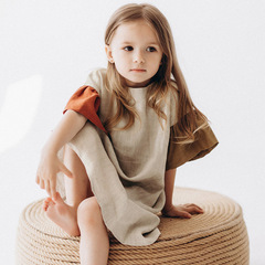 Baby Girls' Summer 2023 New Cotton and Linen Patchwork Contrast Color Lotus Edge Unique Design Long Dress