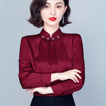 大牌设计春秋真丝上衣女高级别致休闲气质百搭显瘦立领缎面打底衫