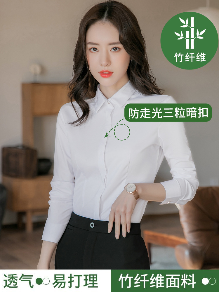 Bamboo Fiber White Long-Sleeved Shirt for Women 2026 New Style Professional Wear Blue Shirt for Women Long-Sleeved Elegant Work Clothes Wholesale