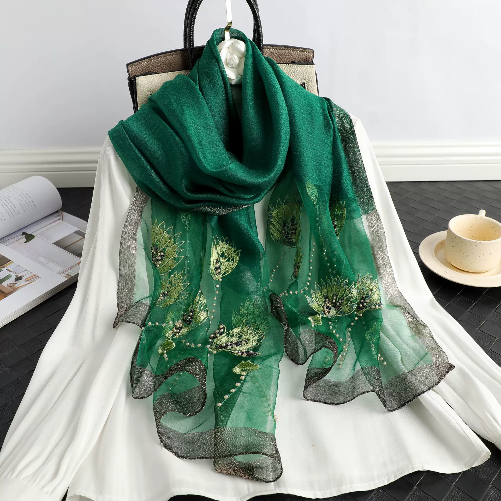 Silk scarf handmade, with embroidery, thin weaving